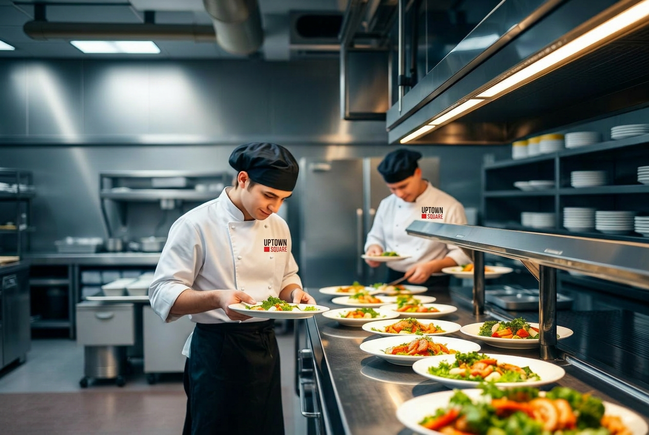 Catering chefs plating fresh meals in a stainless-steel production kitchen