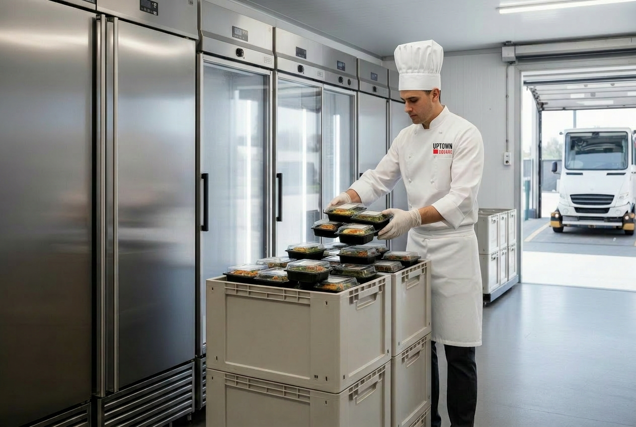 Professional caterer organising sealed meals beside commercial refrigeration and insulated transport crates