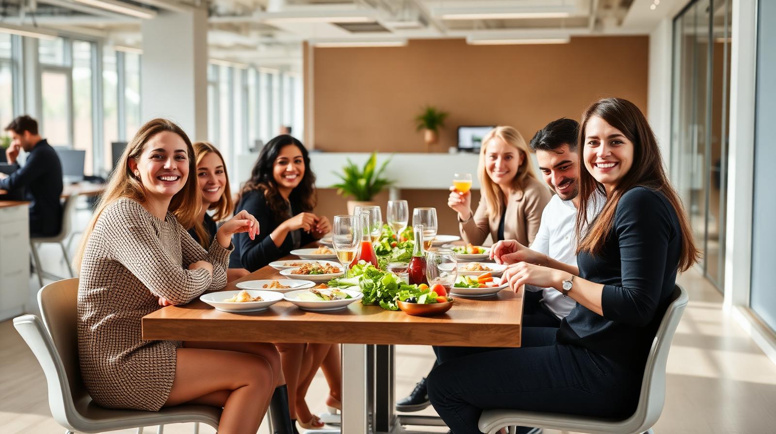 Office employees enjoying a catered lunch